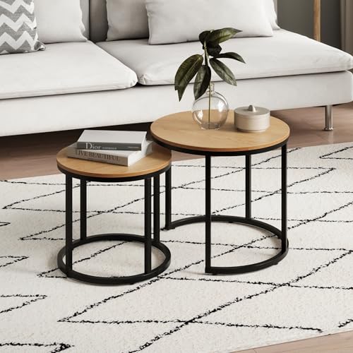 Couchtisch 2er Set rund aus Holz, Wohnzimmertisch Modern, Beistelltisch Set 2 in 1 mit Metallgestell für Wohnzimmer Büro Beistelltisch Loft Design Twin | Eiche hell von Home Collective