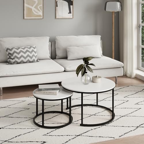 Couchtisch 2er Set rund aus Holz, Wohnzimmertisch Modern, Beistelltisch Set 2 in 1 mit Metallgestell für Wohnzimmer Büro Beistelltisch Loft Design Twin | Weiß von Home Collective