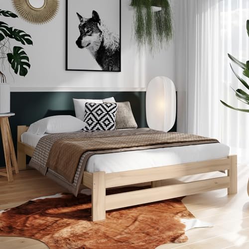 Holzbett 120x200 cm mit Lattenrost Modern Bett Bed Kiefer Massiv Bettgestell Doppelbett Massivholzbett Klassisch | Komfortabel & Langlebig | Skandinavisch Boho Landhaus Kopfteil flach natur von Home Collective