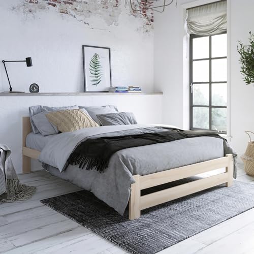 Holzbett 140x200 cm mit Lattenrost Modern Bett Bed Kiefer Massiv Bettgestell Doppelbett Massivholzbett Klassisch | Komfortabel & Langlebig | Skandinavisch Boho Landhaus Kopfteil mittel natur von Home Collective