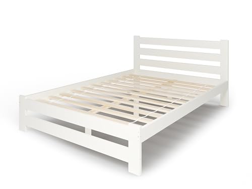 Holzbett 160x200 cm mit Lattenrost Modern Bett Bed Kiefer Massiv Bettgestell Doppelbett Massivholzbett Klassisch | Komfortabel & Langlebig | Skandinavisch Boho Landhaus Kopfteil hoch weiß von Home Collective