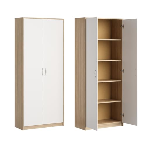Home Collective Schrank Mehrzweckschrank Aktenschrank Hochschrank mit 5 Fächern, 2 Türen, 74x35x180 cm vielseitig einsetzbar für Büro Flur Küche Hauswirtschaftsraum stabil & pflegeleicht | sonoma/weiß von Home Collective