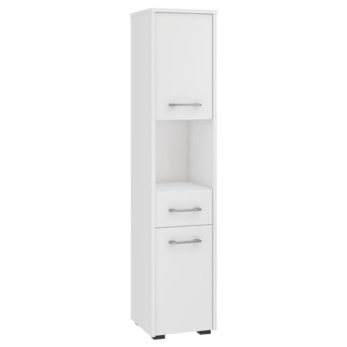 Home Collective Badezimmerschrank schmal weiß mit 2 Türen und Schublade, 140 cm hoch, 30cm breit und tief von Home Collective