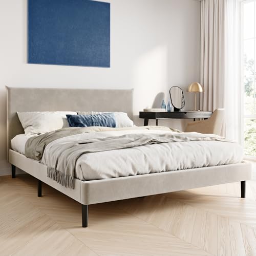 Bett 160x200 und 160x200 cm, Polsterbett mit Lattenrost, Bettgestell, Doppelbett mit weichem Samtbezug und gepolstertem Kopfteil, robustes Gestell, hoher Liegekomfort | Beige | 160x200 cm von Home Collective