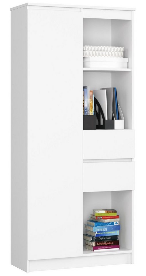 Home Collective Bücherregal Schrank Büroregal weiß 80cm breit 180cm hoch, mit Tür und 2 Schubladen mittig von Home Collective