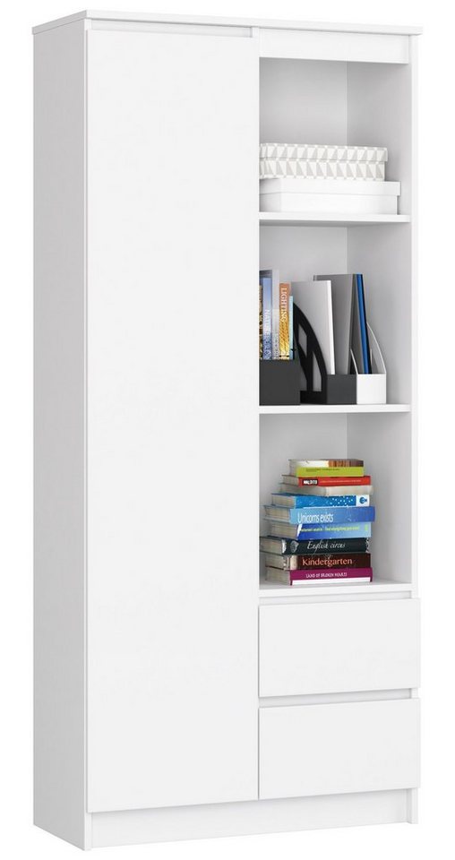 Home Collective Bücherregal Schrank Büroregal weiß 80cm breit 180cm hoch, mit Tür und 2 Schubladen unten von Home Collective