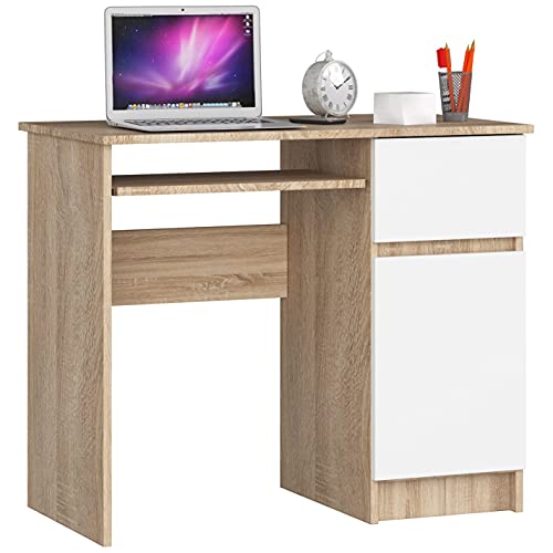 Home Collective Computertisch Bürotisch mit ausziehbarer Tastaturablage, Schreibtisch Laminatplatte mit ABS-Kante, mit 1 Schublade und 1 Tür rechts, 90 x 50 x 77 cm, Sonoma weiß von Home Collective