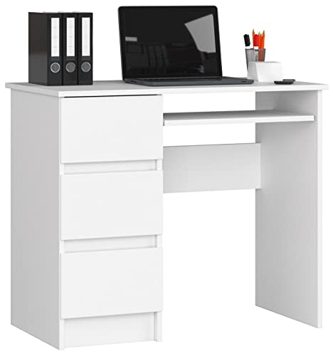 Home Collective Computertisch Bürotisch mit ausziehbarer Tastaturablage, Laminatplatte mit ABS-Kante, mit 3 Schubladen Links, 90 x 50 x 77 cm, weiß von Home Collective