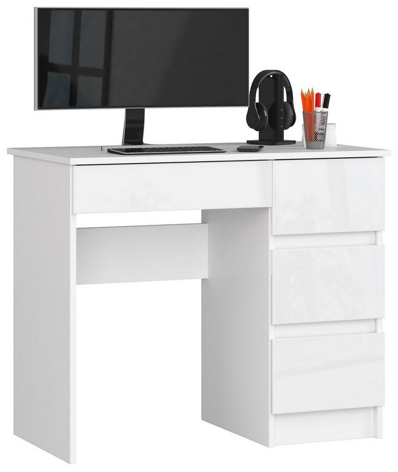 Home Collective Computertisch Schreibtisch Bürotisch Gaming Tisch mit ausziehbarer Tastaturablage, mit 4 Schubladen rechts, 90 x 50 x 77 cm, weiß hochglanz von Home Collective