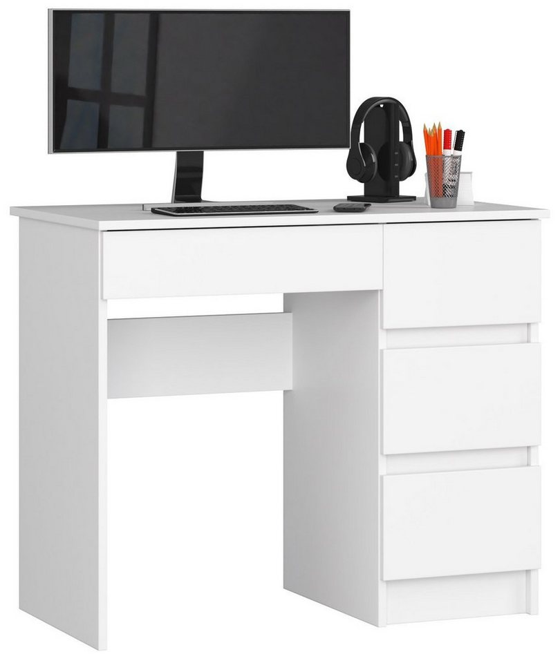 Home Collective Computertisch Schreibtisch Bürotisch Gaming Tisch mit ausziehbarer Tastaturablage, mit 4 Schubladen rechts, 90 x 50 x 77 cm, weiß von Home Collective