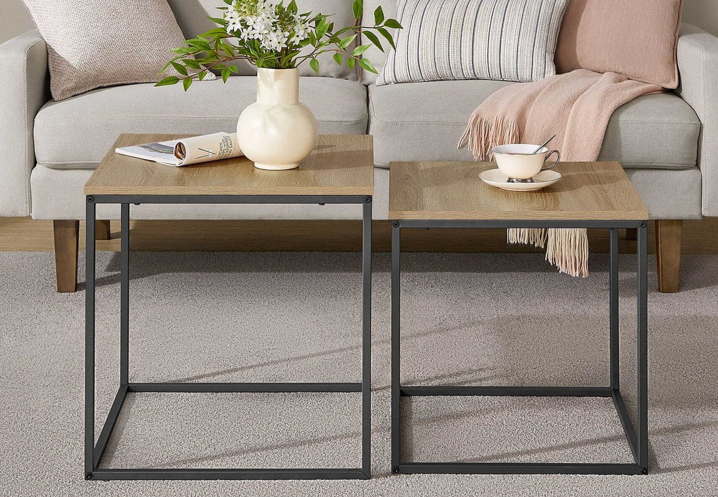 Home Collective Couchtisch 2er Set Beistelltisch Loft Design 2in1 Verschachtelung Wohnzimmer, kratzfeste 50cm und 45cm Sonoma Eich, schwarzen Beinen, Quadratisch von Home Collective