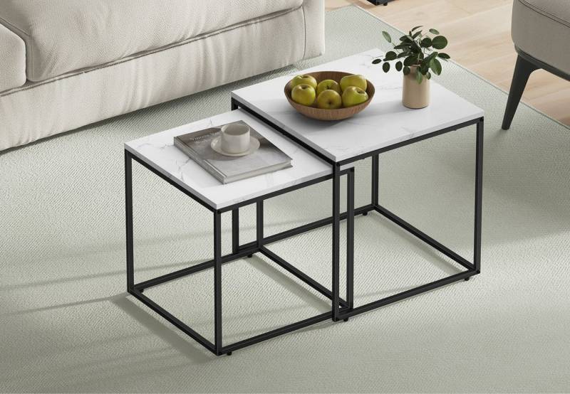 Home Collective Couchtisch 2er Set Beistelltisch Loft Design 2in1 Verschachtelung Wohnzimmer, kratzfeste Oberfläche 50&45cm Marmor Optik, schwarz Beinen quadratisch von Home Collective