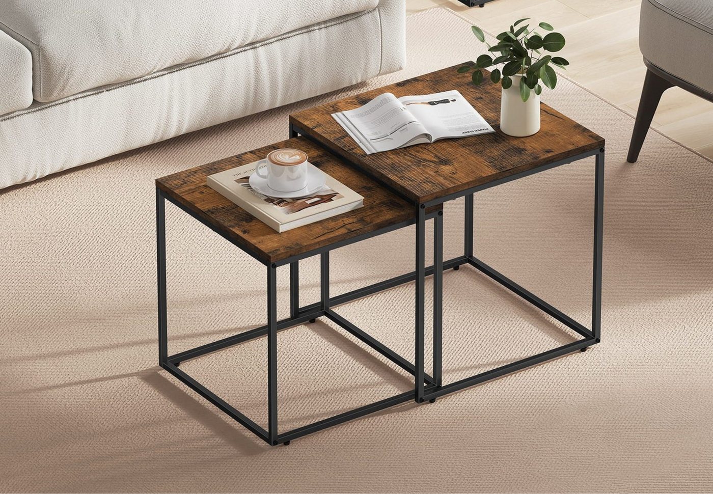 Home Collective Couchtisch 2er Set Beistelltisch Loft Design 2in1 Verschachtelung Wohnzimmer, kratzfeste Oberfläche 50&45cm Rustikal schwarzen Beinen quadratisch von Home Collective