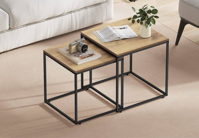 Home Collective Couchtisch 2er Set Beistelltisch Loft Design 2in1 Verschachtelung Wohnzimmer, kratzfeste Oberfläche 50&45cm Sonoma-Eiche schwarz Beinen quadratisch von Home Collective