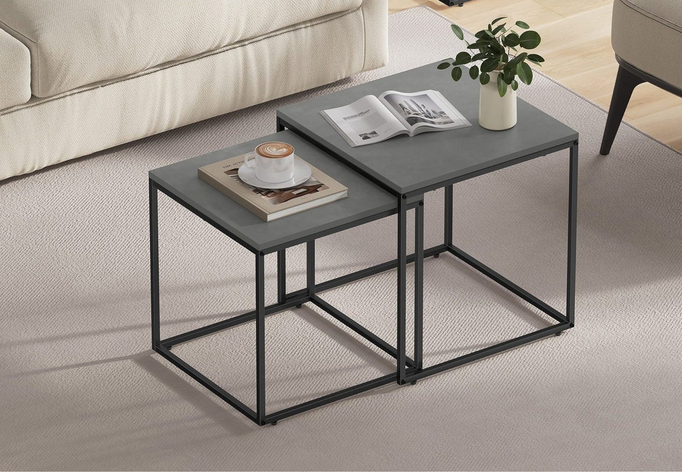Home Collective Couchtisch 2er Set Beistelltisch Loft Design 2in1 Verschachtelung Wohnzimmer, kratzfeste Oberfläche 50&45cm Zement-Grau schwarzen Beinen quadratisch Home Collective Couchtisch 2er Set Beistelltisch Loft Design 2in1 Verschachtelung Wohnzimmer, kratzfeste Oberfläche 50&45cm Zement-Grau schwarzen Beinen quadratisch von Home Collective