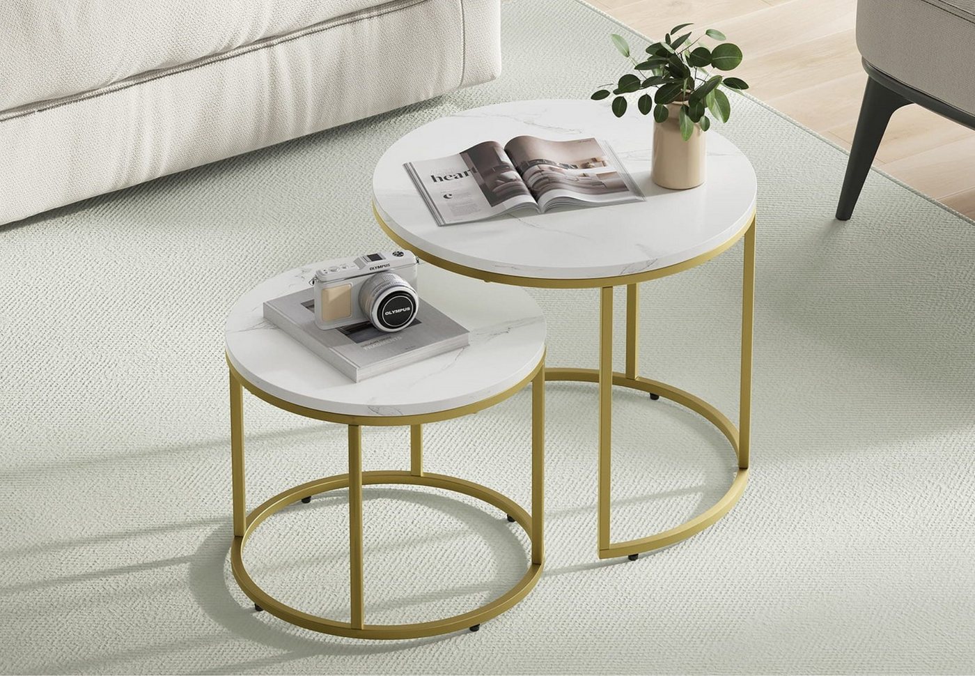 Home Collective Couchtisch 2er Set Beistelltisch Loft Design 2in1 Verschachtelung Wohnzimmer, kratzfeste Oberfläche 53cm & 43cm Marmor Optik, goldenen Beinen rund Home Collective Couchtisch 2er Set Beistelltisch Loft Design 2in1 Verschachtelung Wohnzimmer, kratzfeste Oberfläche 53cm & 43cm Marmor Optik, goldenen Beinen rund von Home Collective