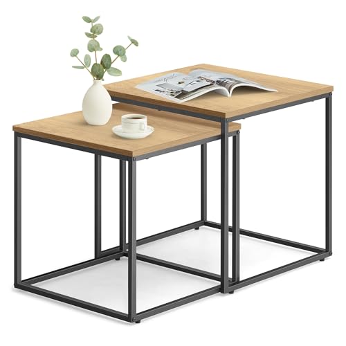 Home Collective Couchtisch 2er Set Quadratisch Beistelltisch Loft Design 2 in 1 Verschachtelung Kratzfeste Oberfläche, Wohnzimmer | 50cm und 45cm Breit Eiche mit schwarzen Beinen von Home Collective