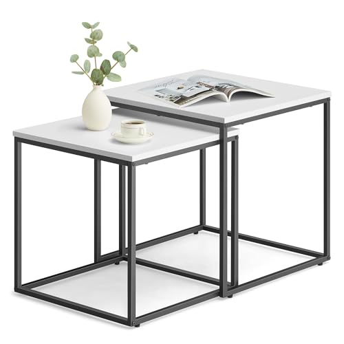 Home Collective Couchtisch 2er Set Quadratisch Beistelltisch Loft Design 2 in 1 Verschachtelung Kratzfeste Oberfläche, Wohnzimmer | 50cm und 45cm Breit weiß mit schwarzen Beinen von Home Collective