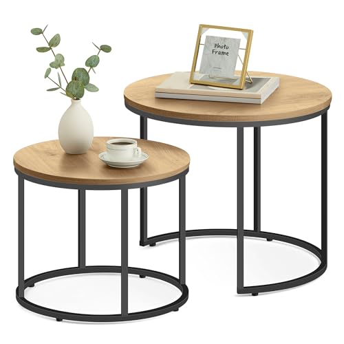 Home Collective Couchtisch 2er Set Rund Beistelltisch Loft Design 2 in 1 Verschachtelung Kratzfeste Oberfläche, Wohnzimmer | 53cm und 43cm Breit Eiche mit schwarzen Beinen von Home Collective