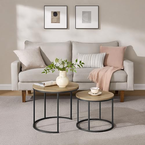 Home Collective Couchtisch 2er Set Rund Beistelltisch Loft Design 2 in 1 Verschachtelung Kratzfeste Oberfläche, Wohnzimmer | 53cm und 43cm Breit Sonoma Eiche mit schwarzen Beinen von Home Collective