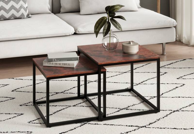 Home Collective Couchtisch 2er Set aus Holz, Wohnzimmertisch Modern (Beistelltisch Set 2 in 1 mit Metallgestell, Büro Beistelltisch Loft Design TWIN, kratzfeste Oberfläche, Set 2 in 1), Quadratisch in Eiche dunkel, für Wohnzimmer von Home Collective