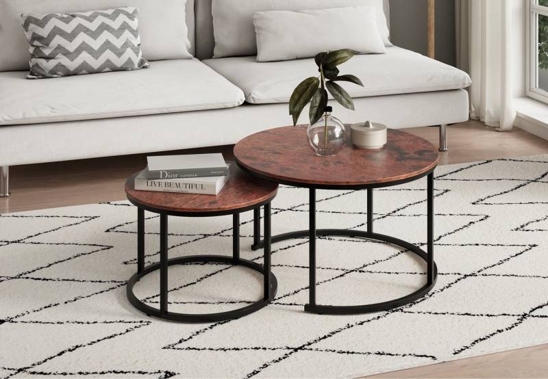 Home Collective Couchtisch 2er Set aus Holz, Wohnzimmertisch Modern (Büro Beistelltisch Loft Design TWIN, kratzfeste Oberfläche, Set 2 in 1), Eiche dunkel, Rund Beistelltisch Set 2 in 1, Metallgestell von Home Collective