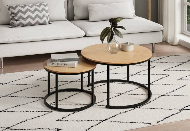 Home Collective Couchtisch 2er Set aus Holz, Wohnzimmertisch Modern (Büro Beistelltisch Loft Design TWIN, kratzfeste Oberfläche, Set 2 in 1), Eiche hell, Rund Beistelltisch Set 2 in 1, Metallgestell von Home Collective