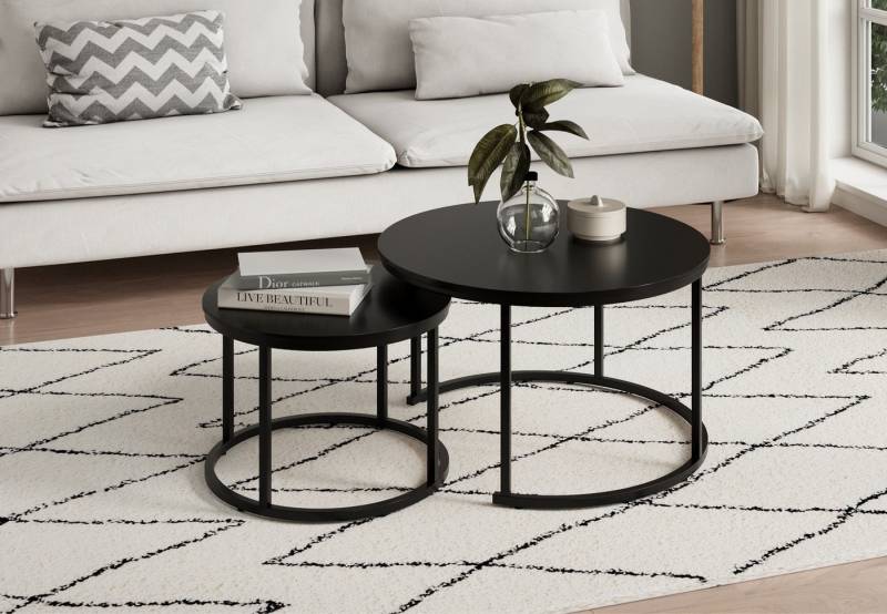 Home Collective Couchtisch 2er Set aus Holz, Wohnzimmertisch Modern (Büro Beistelltisch Loft Design TWIN, kratzfeste Oberfläche, Set 2 in 1), Schwarz, Rund Beistelltisch Set 2 in 1, Metallgestell für Wohnzimmer von Home Collective