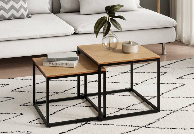 Home Collective Couchtisch 2er Set aus Holz, Wohnzimmertisch Modern (Beistelltisch Set 2 in 1 mit Metallgestell, Büro Beistelltisch Loft Design TWIN, kratzfeste Oberfläche, Set 2 in 1), Quadratisch in Eiche hell, für Wohnzimmer von Home Collective