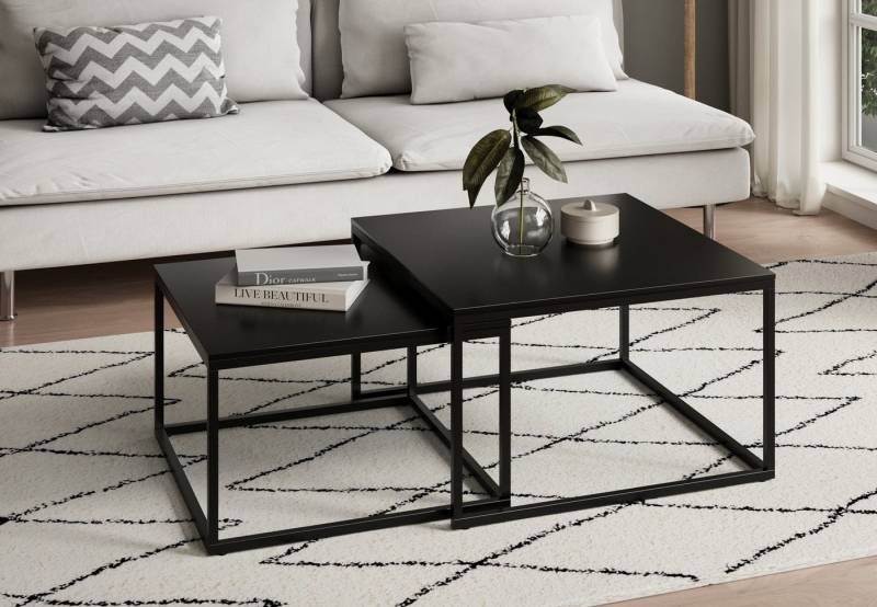 Home Collective Couchtisch 2er Set aus Holz, Wohnzimmertisch Modern (Büro Beistelltisch Loft Design TWIN, kratzfeste Oberfläche, Set 2 in 1), in schwarz, Quadratisch Beistelltisch Set 2 in 1 mit Metallgestell von Home Collective