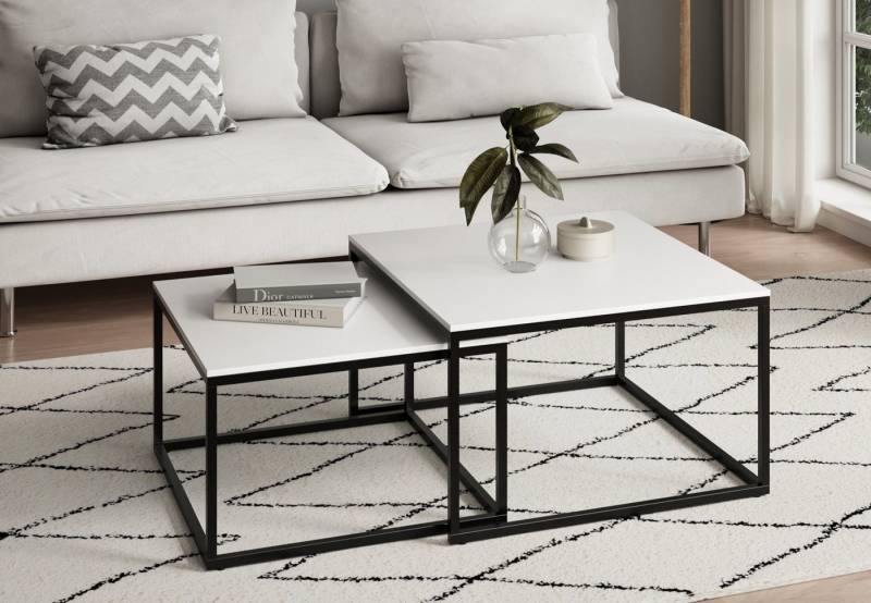 Home Collective Couchtisch 2er Set aus Holz, Wohnzimmertisch Modern (Büro Beistelltisch Loft Design TWIN, kratzfeste Oberfläche, Set 2 in 1), in weiß, Quadratisch Beistelltisch Set 2 in 1 mit Metallgestell von Home Collective