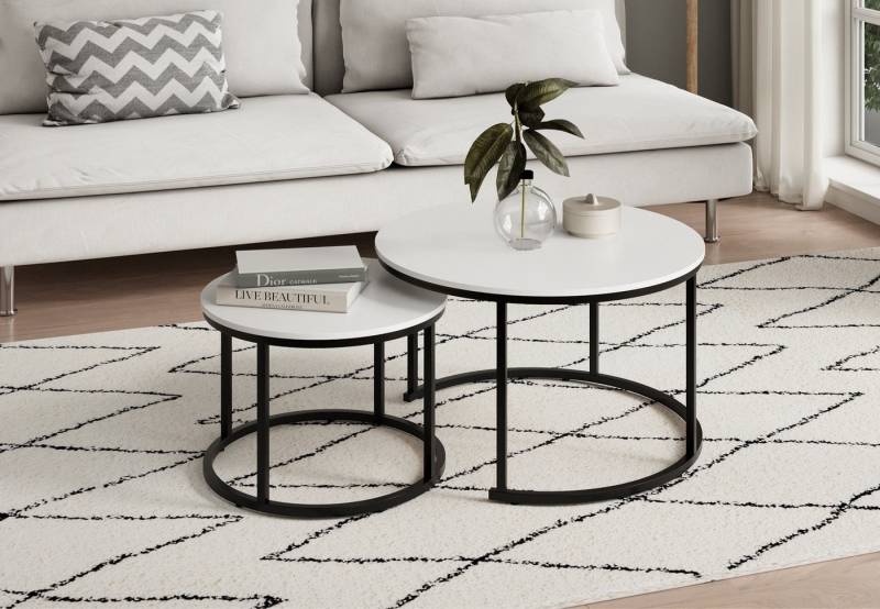 Home Collective Couchtisch 2er Set aus Holz, Wohnzimmertisch Modern (Büro Beistelltisch Loft Design TWIN, kratzfeste Oberfläche, Set 2 in 1), weiß, Rund Beistelltisch Set 2 in 1, Metallgestell für Wohnzimmer von Home Collective