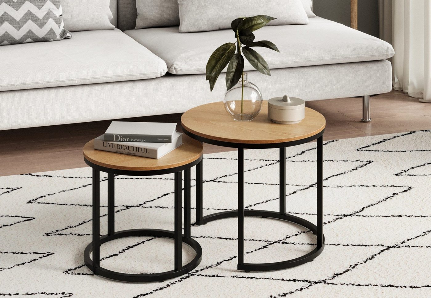 Home Collective Couchtisch Kleiner 2er Set aus Holz, Wohnzimmertisch Modern (Beistelltisch Set 2 in 1 mit Metallgestell, Büro Beistelltisch Loft Design TWIN, kratzfeste Oberfläche, Set 2 in 1), Rund in Eiche hell, für Wohnzimmer von Home Collective