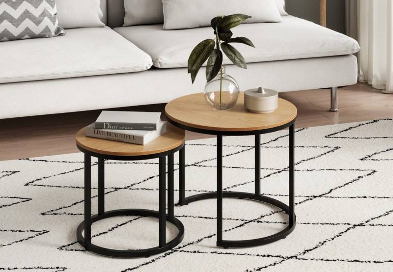 Home Collective Couchtisch Kleiner 2er Set aus Holz, Wohnzimmertisch Modern (Beistelltisch Set 2 in 1 mit Metallgestell, Büro Beistelltisch Loft Design TWIN, kratzfeste Oberfläche, Set 2 in 1), Rund in Eiche hell, für Wohnzimmer von Home Collective