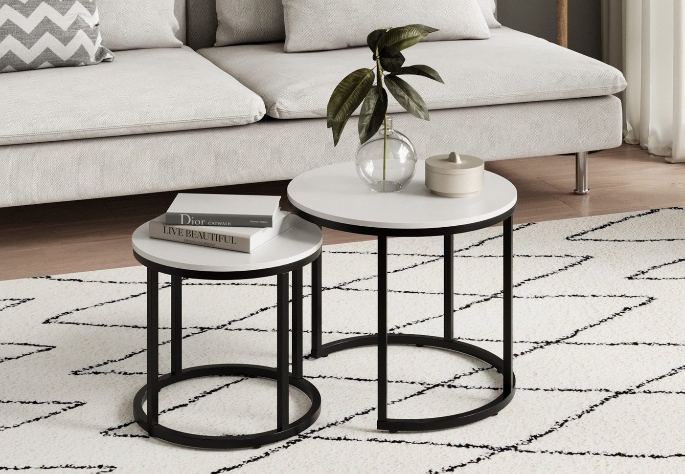 Home Collective Couchtisch Kleiner 2er Set aus Holz, Wohnzimmertisch Modern (Beistelltisch Set 2 in 1 mit Metallgestell, Büro Beistelltisch Loft Design TWIN, kratzfeste Oberfläche, Set 2 in 1), Rund in Weiß, für Wohnzimmer von Home Collective