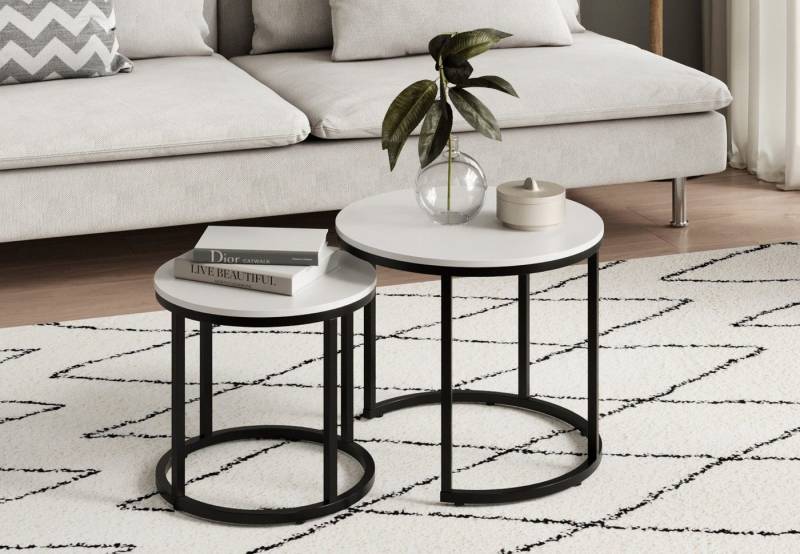 Home Collective Couchtisch Kleiner 2er Set aus Holz, Wohnzimmertisch Modern (Beistelltisch Set 2 in 1 mit Metallgestell, Büro Beistelltisch Loft Design TWIN, kratzfeste Oberfläche, Set 2 in 1), Rund in Weiß, für Wohnzimmer von Home Collective