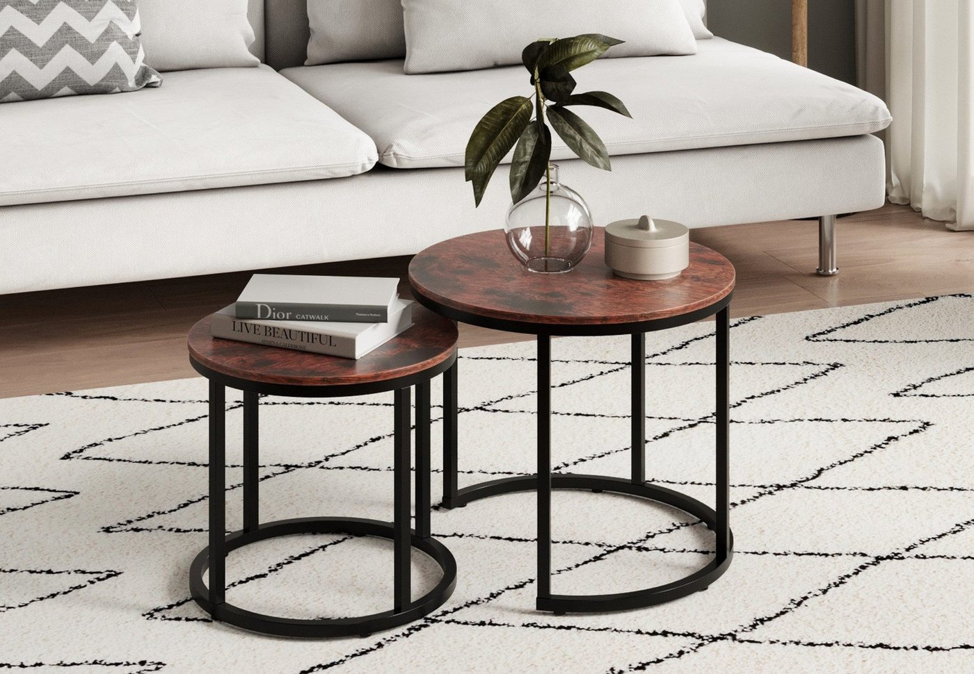 Home Collective Couchtisch Kleiner 2er Set aus Holz, Wohnzimmertisch Modern (Beistelltisch Set 2 in 1 mit Metallgestell, Büro Beistelltisch Loft Design TWIN, kratzfeste Oberfläche, Set 2 in 1), Rund in Eiche dunkel, für Wohnzimmer von Home Collective