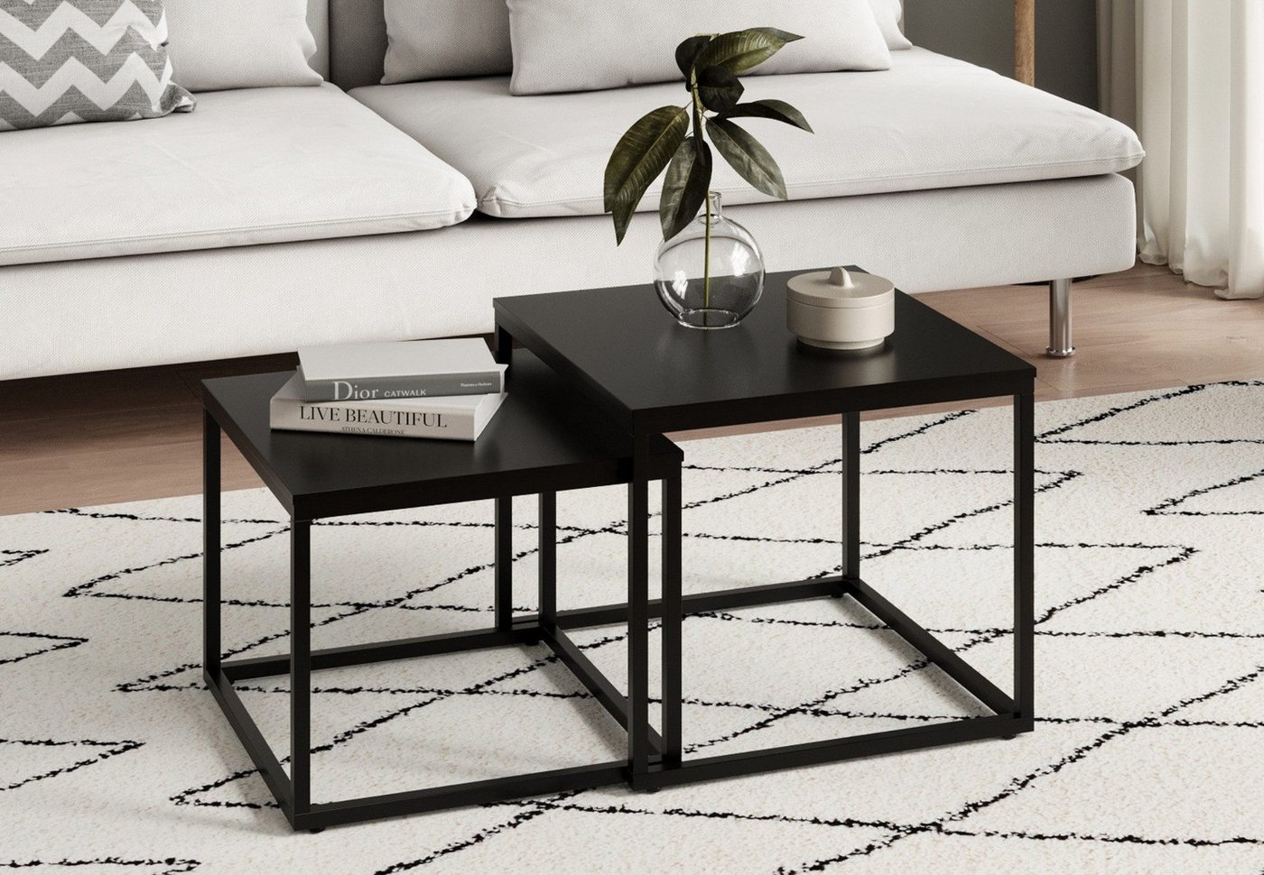 Home Collective Couchtisch Kleiner 2er Set aus Holz, Wohnzimmertisch Modern (Beistelltisch Set 2 in 1 mit Metallgestell, Büro Beistelltisch Loft Design TWIN, kratzfeste Oberfläche, Set 2 in 1), Quadratisch in Schwarz, für Wohnzimmer von Home Collective