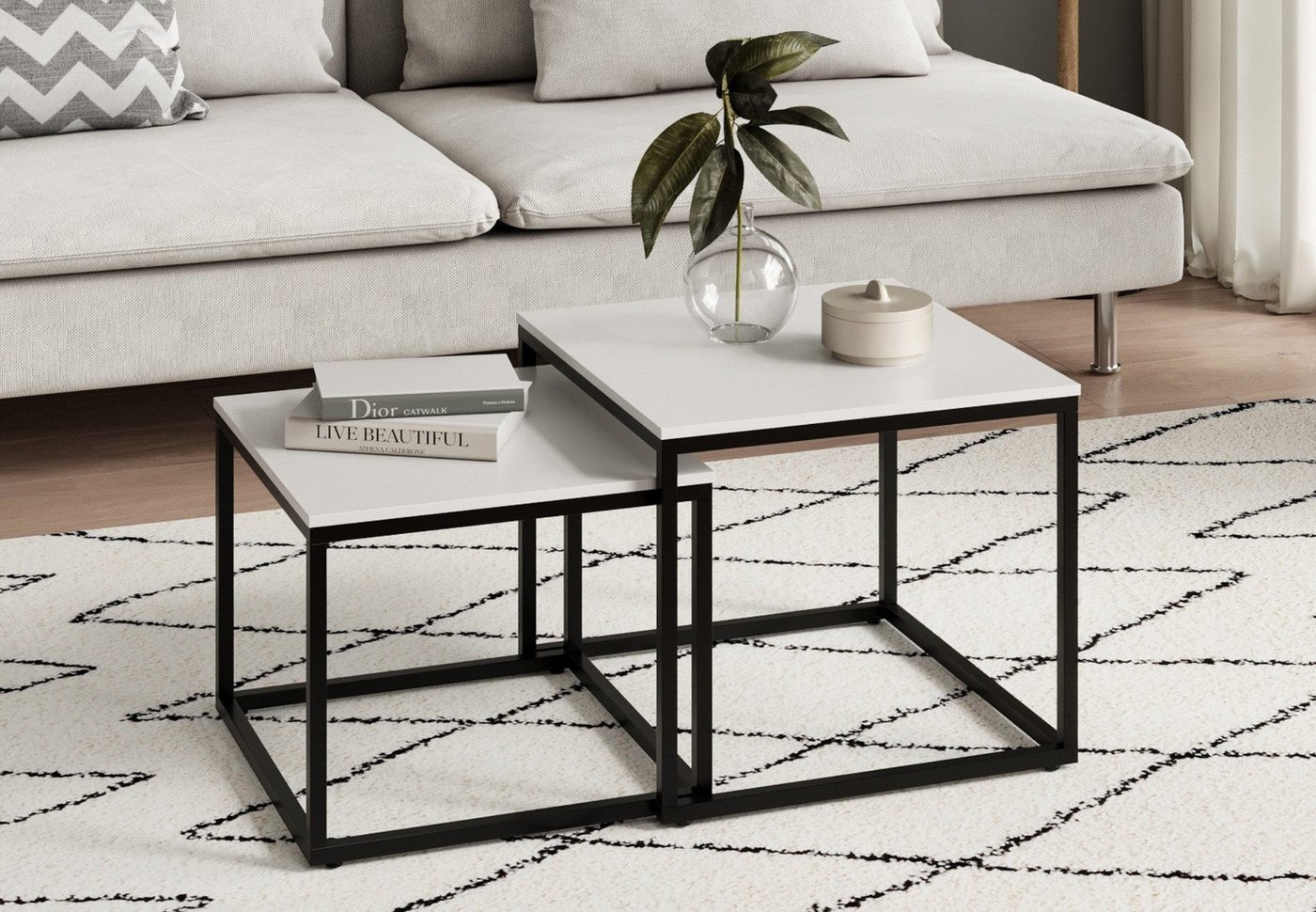 Home Collective Couchtisch Kleiner 2er Set aus Holz, Wohnzimmertisch Modern (Beistelltisch Set 2 in 1 mit Metallgestell, Büro Beistelltisch Loft Design TWIN, kratzfeste Oberfläche, Set 2 in 1), Rund in Weiß, für Wohnzimmer von Home Collective