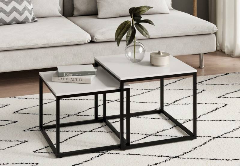 Home Collective Couchtisch Kleiner 2er Set aus Holz, Wohnzimmertisch Modern (Beistelltisch Set 2 in 1 mit Metallgestell, Büro Beistelltisch Loft Design TWIN, kratzfeste Oberfläche, Set 2 in 1), Rund in Weiß, für Wohnzimmer von Home Collective