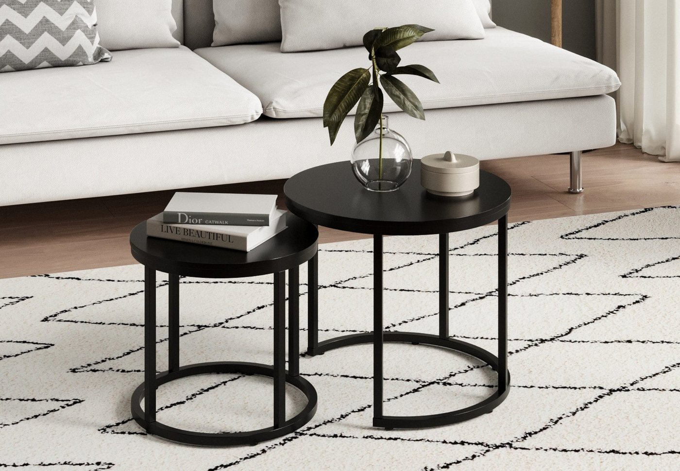Home Collective Couchtisch Kleiner 2er Set aus Holz, Wohnzimmertisch Modern (Beistelltisch Set 2 in 1 mit Metallgestell, Büro Beistelltisch Loft Design TWIN, kratzfeste Oberfläche, Set 2 in 1), Rund in Schwarz, für Wohnzimmer von Home Collective