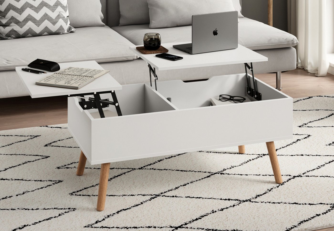 Home Collective Couchtisch Beistelltisch Wohnzimmertisch Tisch Couch höhenverstellbar (für Wohnzimmertisch, Sofatisch, mit Hebefunktion), mit verstecktem Stauraum und Holzfüßen, 100x50x41,5 cm (BxTxH), Weiß von Home Collective