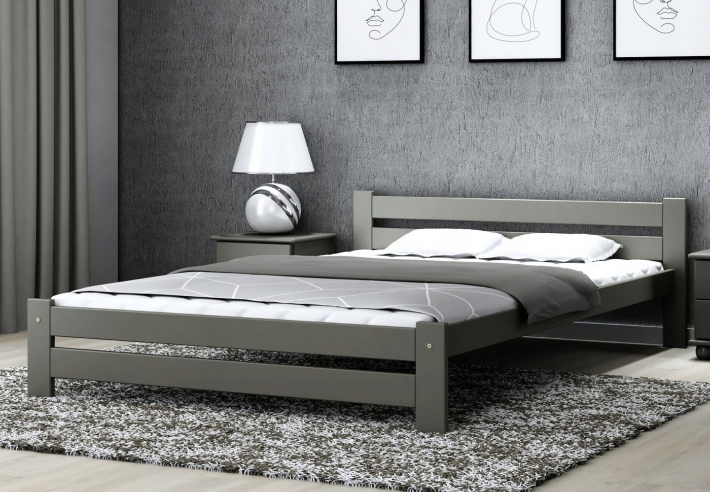 Home Collective Holzbett aus Massivholz Kiefer, mit abgeschrägten Kanten & verstärkter Mitte (Bettgestell, Einzelbett, Naturholz Stabil & Langlebig), 205x172x58.5 cm, Grau von Home Collective