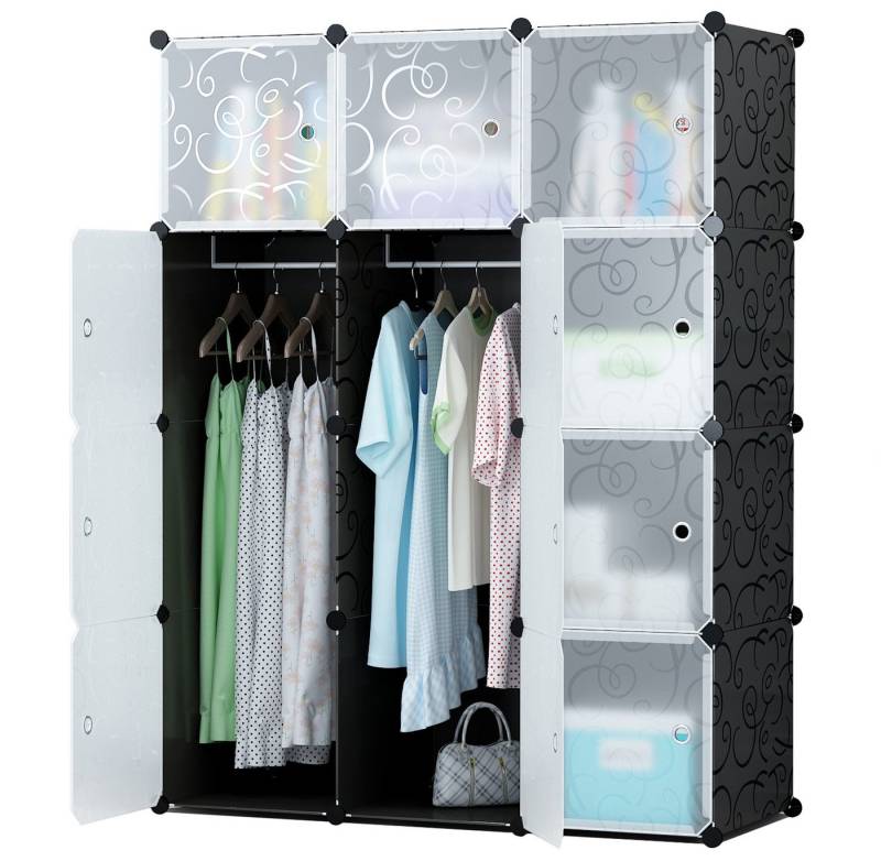 Home Collective Kleiderschrank Modular, Kombischrank, Steckregal, 3kg Kammerkapazität 6 Regalen und 2 Kleiderstangen, Polypropylenplatten, schwarzes Muster von Home Collective