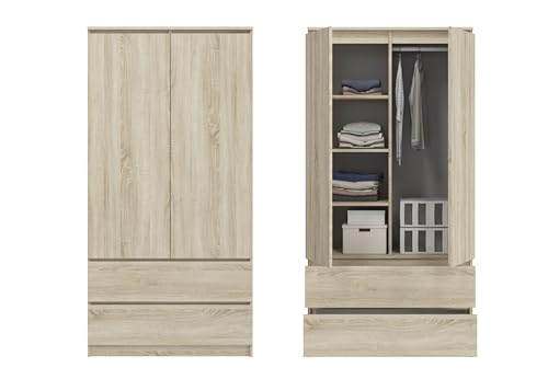 Home Collective Kleiderschrank Schrank Sonoma 180cm Höhe 90cm Breite mit 2 Schubladen, 3 Einlegeböden und Kleiderstange Haushaltsschrank Schrank Organizer aus Holz für Schlafzimmer Flur Keller Büro von Home Collective