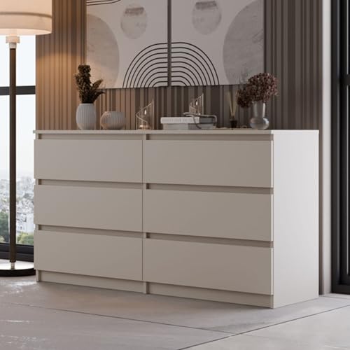 Home Collective Kommode, Schlafzimmer Flur, Schrank, Sideboard, Highboard mit 6 Schubladen, Breite 140 cm Höhe 75 | Beige Perfekt für Wohnzimmer, Schlafzimmer oder Esszimmer von Home Collective