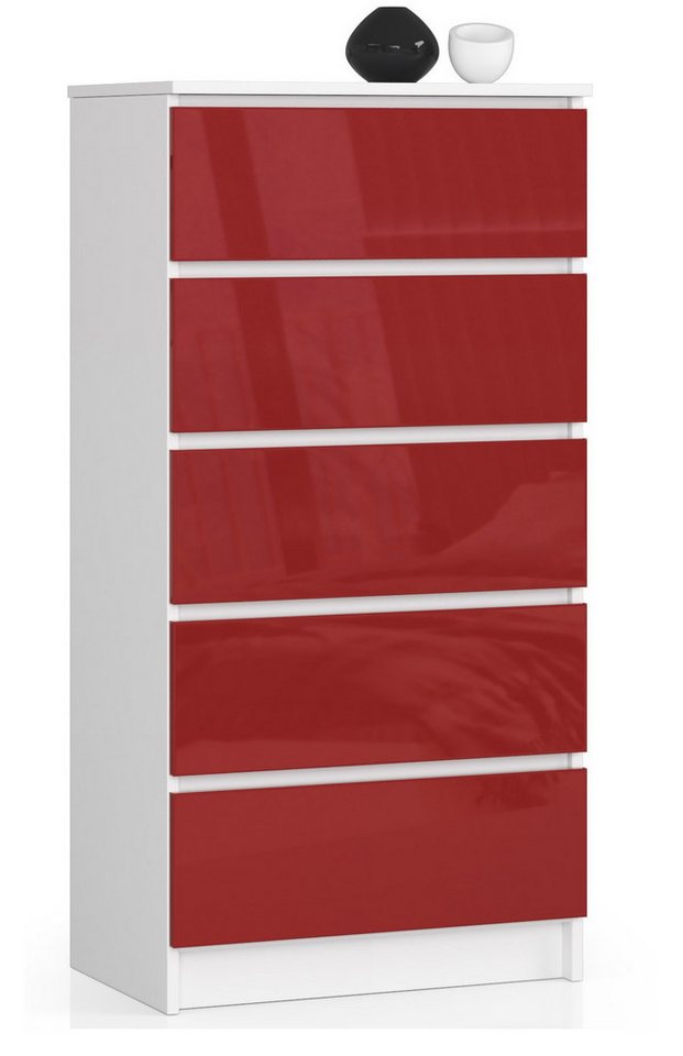 Home Collective Kommode 60 cm breit Holz Highboard Sideboard für Flur Schlafzimmer Wohnzimmer (Kommode Schlafzimmer Kommode mit Schubladen Holz Schrank), Kinderzimmer Organizer, 121 cm hoch mit 5 Schubladen rot Hochglanz von Home Collective