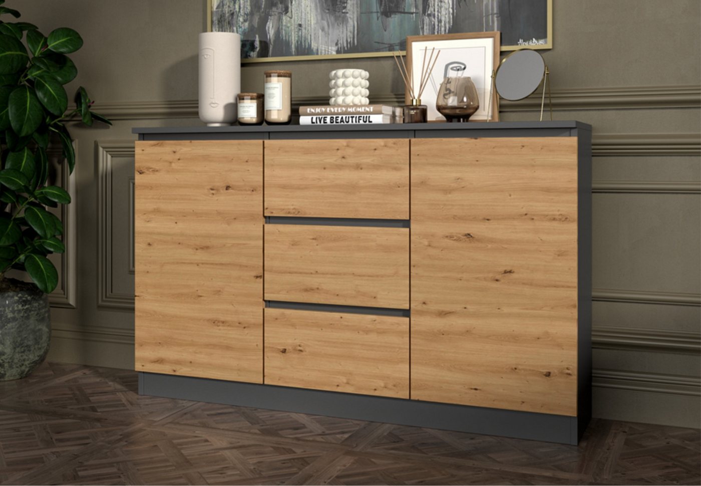 Home Collective Kommode Highboard Sideboard für Flur Schlafzimmer Wohnzimmer (Perfekt für Wohnzimmer, Schlafzimmer oder Esszimmer), mit 3 Schubladen und 2 Türen, Breite 120 cm Höhe 75, Anthrazit Artisan von Home Collective