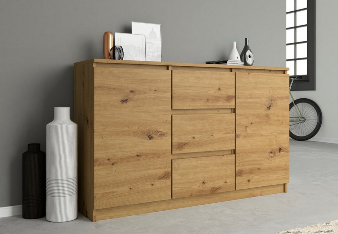 Home Collective Kommode Highboard Sideboard für Flur Schlafzimmer Wohnzimmer (Perfekt für Wohnzimmer, Schlafzimmer oder Esszimmer), mit 3 Schubladen und 2 Türen, Breite 120 cm Höhe 75, Artisan von Home Collective
