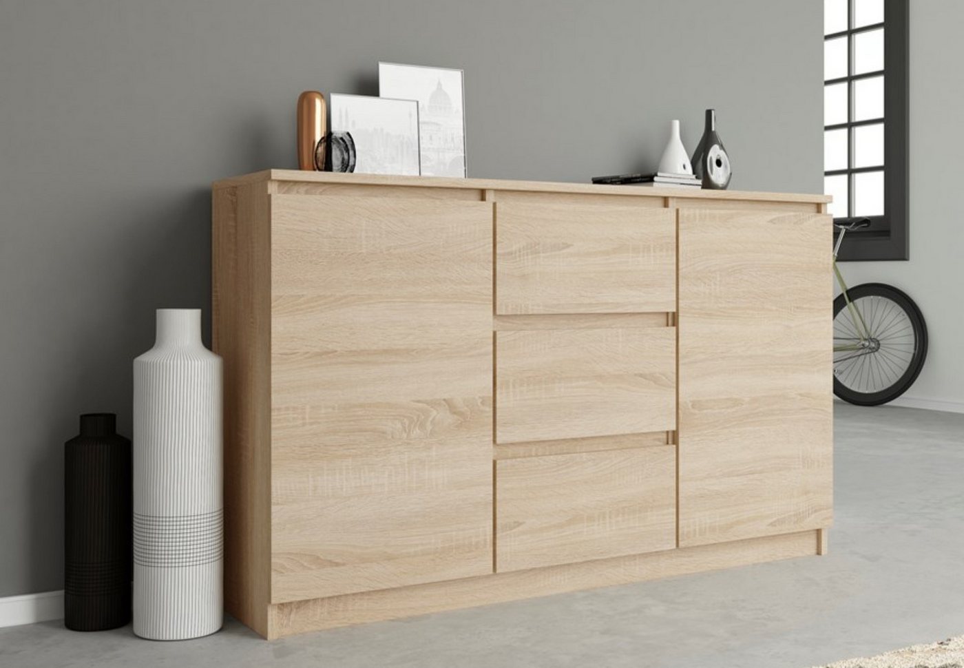 Home Collective Kommode Highboard Sideboard für Flur Schlafzimmer Wohnzimmer (Perfekt für Wohnzimmer, Schlafzimmer oder Esszimmer), mit 3 Schubladen und 2 Türen, Breite 120 cm Höhe 75, Sonoma von Home Collective